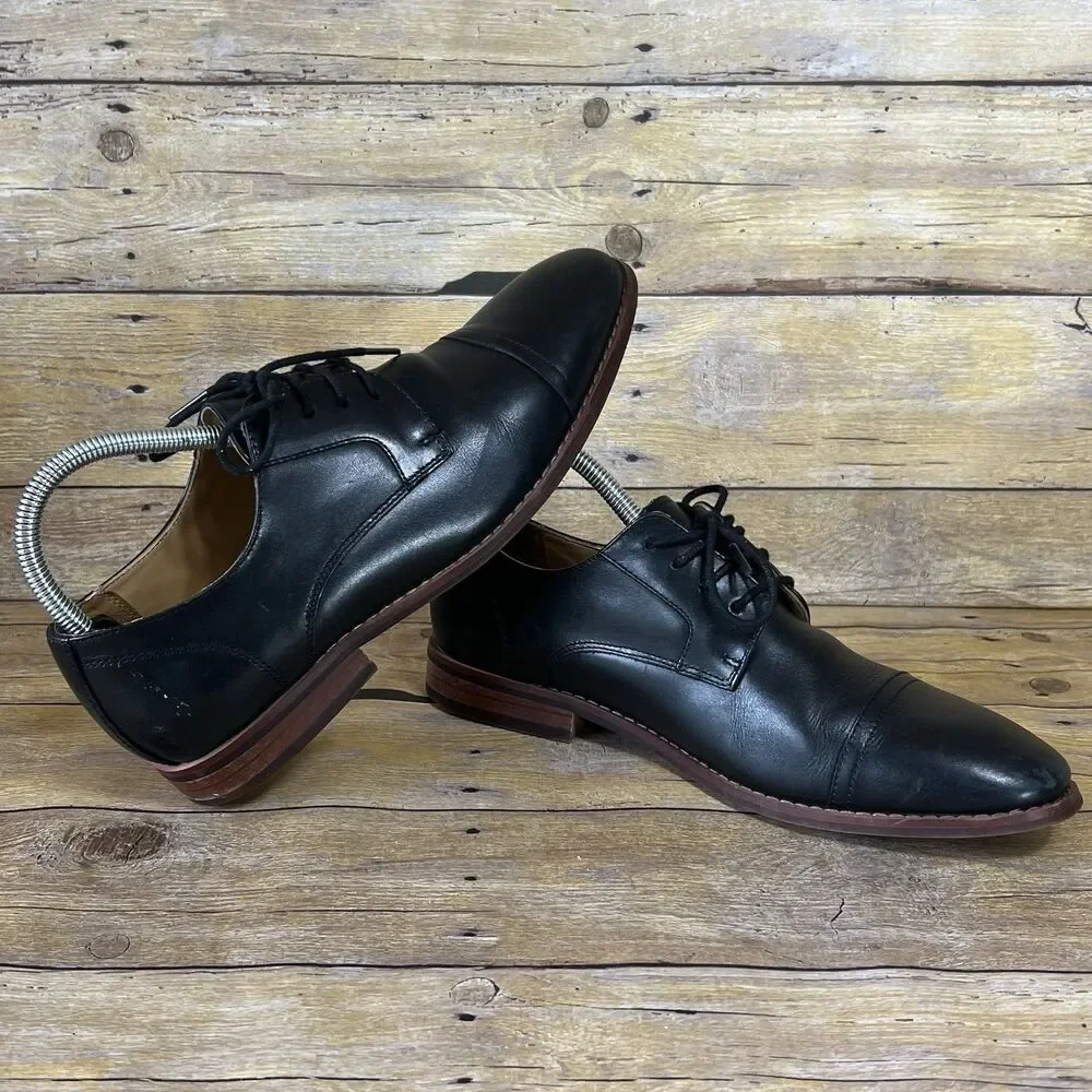 Black Leather Cap Toe Oxford Derby Dress Shoes SZ 7 Brown Stacked Heel Mens